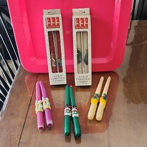 Festive Holiday Taper Candles Set - Green, Purple, Cream